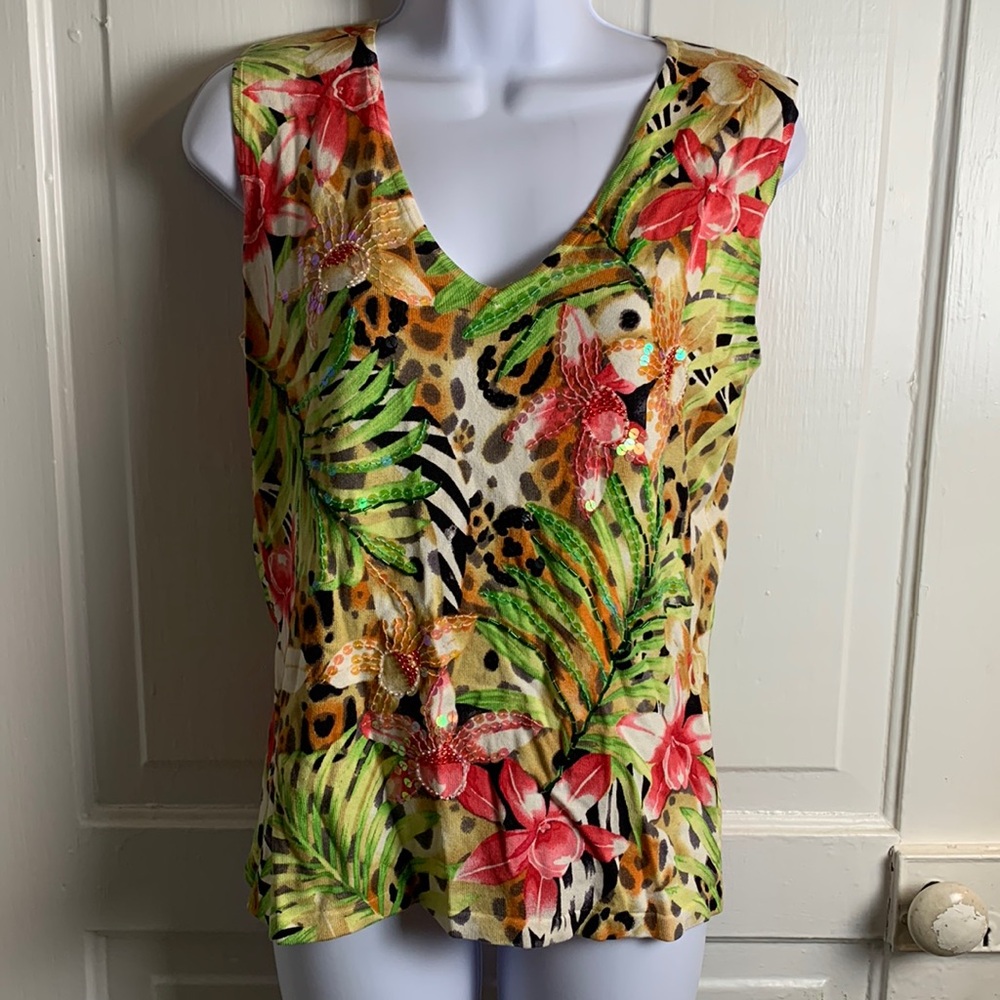 Sweaterworks Animal Print Floral Sequin Top Size L